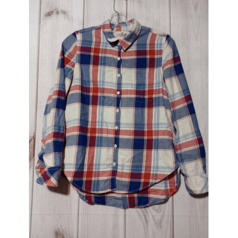 L.O.G.G. H&M Womens Plaid Flannel Button Up Shirt Red‎ White Blue Size 2